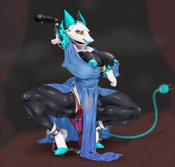 anthro arms_tied black_body blue_clothing blue_dress blue_hair blue_nipples bondage bound chained chained_cuffs chained_to_floor chains clothing collar cord crouching darkner deltarune dildo dress erect_nipples female genitals hair hi_res hlebushekuwu legs_tied looking_at_viewer machine microphone microphone_stand nipples penetration plug pussy robot sex_slave sex_toy solo spread_legs spreading stage stage_curtains submissive submissive_female tasque_manager_(deltarune) thick_thighs undertale_(series) vaginal_penetration video_games yellow_eyes