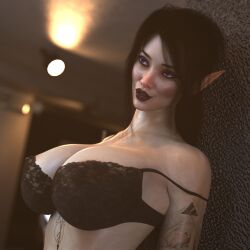 1girls 2020s 2022 3d arm_tattoo black_hair black_lingerie chest_tattoo elf elf_ears female female_only forlorndesire huge_breasts indoors lingerie lyssa_(forlorndesire) original original_character solo solo_female tattoo