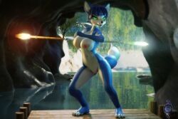 2022 3d_(artwork) absurd_res anthro areola bckiwi breasts canid canine claws digital_media_(artwork) feet female fox genitals hi_res krystal looking_at_viewer mammal midriff navel nintendo nipples nude pussy solo staff star_fox video_games