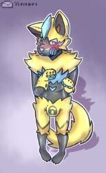 . anthro bondage_gear bondage_gloves canid canine clothing cosplaying_as_character drone fennec fox generation_7_pokemon hypnosis legendary_pokemon male mammal mind_control nintendo null_bulge pokemon pokemon_(species) rubber rubber_clothing rubber_suit solo unbread_yimori video_games yimori zeraora