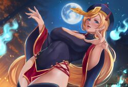 1futa 2022 big_breasts blonde_hair blue_eyes breasts bulge cleavage clothed clothing detailed_background dutch_angle exlic fully_clothed futa_only futanari guilty_gear halloween hat hip_vent human large_breasts light-skinned_futanari light_skin long_hair looking_at_viewer low-angle_view millia_rage ofuda pelvic_curtain penis solo standing thick_thighs thighhighs wide_hips