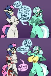 absurd_res anthro anthrofied blood bodily_fluids bonbon_(mlp) bonesaw breasts clothing coat comic dialogue english_text equid equine eyewear female friendship_is_magic genitals goggles gore hasbro hi_res horn lab_coat lyra_heartstrings_(mlp) mammal my_little_pony patchwork_creature pussy scar seam_(sewing) surgery text topwear two_panel_image unicorn witchtaunter