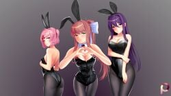 3girls black_bunny_ears black_bunnysuit blush bow brown_hair bunny_ears bunny_girl bunnysuit doki_doki_literature_club female female_only green_eyes heart light-skinned_female looking_at_viewer monika_(doki_doki_literature_club) multiple_girls natsuki_(doki_doki_literature_club) pale-skinned_female pink_eyes pink_hair ponytail proxyl purple_eyes purple_hair trio white_bow yuri_(doki_doki_literature_club)