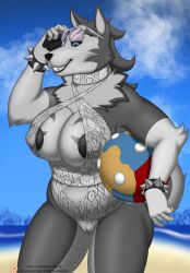 2022 absurd_res anthro areola areola_slip ball beach beach_ball big_areola big_breasts bikini black_nose black_sclera blue_eyes breast_squish breasts butt_from_the_front camel_toe canid canine canis clothing cloud countershade_face countershade_legs countershade_neck countershade_torso countershading curled_tail domestic_dog eyewear eyewear_on_head female glare_(lighting) hair hi_res holding_object horizon huge_areola huge_breasts husky inflatable long_hair mammal mane mature_anthro mature_female mountain nordic_sled_dog patreon patreon_logo phrostbite pink_eyewear pink_sunglasses rule_63 sand seaside sky slightly_chubby smile smiling_at_viewer solo spitz squish studded_bracelet summer sunglasses sunglasses_on_head sunny swimwear thick_thighs translucent translucent_clothing video_games watermark white_bikini white_clothing white_inner_ear white_swimwear wide_hips zesh