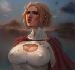 1girls 2022 big_breasts blonde_hair blue_eyes blush breasts cleavage cleavage_cutout dc dc_comics erect_nipples female female_only gvaelded karen_starr kryptonian light-skinned_female light_skin poking power_girl short_hair solo superman_(series) thick_lips