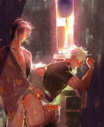 2boys against_wall akoku anal anal_sex bent_over blush clothed_sex erection from_behind gay gintama gintoki_sakata kimono male male_only mosaic_censoring open_mouth outercourse outside pants_down penis precum_drip profile public_sex sweat takasugi_shinsuke waist_grab white_hair yaoi