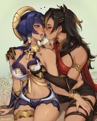 2girls absurd_res bangs black_hair blue_eyes blue_hair breast_grab breasts bridal_gauntlets candace_(genshin_impact) closed_eyes dark-skinned_female dark_skin dehya_(genshin_impact) earrings female female_only fingerless_gloves genshin_impact gloves grabbing hair_ornament heterochromia highres large_breasts long_hair multicolored_hair nail_polish navel oofxyphxia open_mouth sidelocks single_pantsleg sitting thighlet thighs tongue tongue_out yellow_eyes yellow_hair yuri