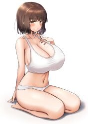 absurdres bangs bare_legs barefoot blush bra breasts brown_eyes brown_hair cleavage closed_mouth collarbone commentary_request feet female highres huge_breasts mole mole_on_breast nail_polish navel original panties sho_(wnmf3234) short_hair simple_background sitting solo sports_bra stomach toes underwear underwear_only wariza white_background white_panties white_sports_bra