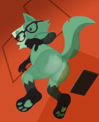 anthro anthro_only ass ass_grab behind_view canid canine canis fox furry furry_only green_body green_fur looking_back male mint_mobile minty_(mint_mobile) no_outlines phone teal_body teal_fur two_tone_body two_tone_fur worm's-eye_view