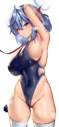 2022 ako_(blue_archive) alternate_version_available anima_(togashi) arm_up armpits ass blue_archive blue_eyes blue_hair breasts cameltoe collar female gehenna_academy_student halo highleg highres large_breasts plump prefect_team_(blue_archive) presenting_armpit sagging_breasts solo steam sweat thighs