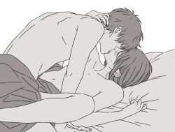 2boys blush closed_eyes french_kiss gay gintama hijikata_toshiro implied_anal implied_sex katsura_kotarou kissing male male_only mio_bj monochrome on_back on_bed sheet_grab spread_legs topless topless_male yaoi