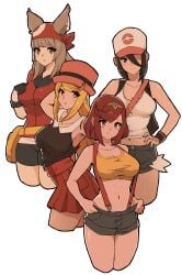 4girls babus_games bag bangs bike_shorts black_hair blonde_hair breasts brown_eyes cat_ears catgirl colored cosplay hair_over_one_eye hilda_(pokemon)_(cosplay) jean_shorts kasumi_(pokemon)_(cosplay) large_breasts long_hair looking_at_viewer may_(pokemon)_(cosplay) midriff misty_(pokemon)_(cosplay) morag_ladair_(xenoblade) multiple_girls mythra_(xenoblade) navel nia_(blade) nia_(xenoblade) nintendo pokeball_symbol pokemon pokemon_bw pokemon_rgby pokemon_rse pokemon_xy pyra_(xenoblade) red_eyes red_hair satchel serena_(pokemon)_(cosplay) short_hair silver_hair swept_bangs tagme tiara tight_clothing xenoblade_(series) xenoblade_chronicles_2 yellow_eyes