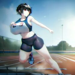 1girls ai_generated athletic big_breasts black_hair cameltoe female huge_breasts large_breasts messy_hair nai_diffusion original pale-skinned_female pale_skin red_eyes running short_hair solo sport sports_bra sportswear stable_diffusion tomboy track_and_field tracksuit