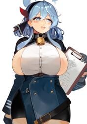 1girls 2022 ako_(blue_archive) appleluncher areola_slip bell bell_collar belt belt_buckle big_thighs black_clothing blue_archive blue_clothing blue_eyes blush breasts breasts_bigger_than_head buttons clipboard clothed_female collar curvaceous curves curvy curvy_body curvy_female curvy_figure doodle_sensei_(blue_archive) ear_piercing ears eyebrows eyelashes female female_only gehenna_academy_logo_(blue_archive) gehenna_academy_student gloves hairband highres hips huge_breasts large_breasts large_thighs light-skinned_female long_sleeves mika_(blue_archive) nipple_bulge open_mouth overflowing_breasts prefect_team_(blue_archive) red_bandana short_hair short_hair_with_long_locks sideboob simple_background skindentation skirt smile smiling solid_color_background solo thick_thighs thighs tongue trinity_general_school_logo_(blue_archive) white_background wide_hips