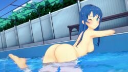 1girls 3d ass barefoot blue_eyes blue_hair breasts completely_nude completely_nude_female female_only fire_emblem fire_emblem:_the_binding_blade jollyoldsoldier koikatsu lilina_(fire_emblem) lilina_(summer)_(fire_emblem) long_hair nintendo nude nude_female partially_submerged pool poolside pussy skinny_dipping solo swimming swimming_pool wink