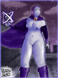 armwear breasts casual dc dc_comics exposed_torso female footwear human nude outerwear pale_skin potato_salad purple_hair pussy raven_(dc) teen_titans