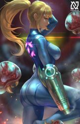 1girls alternate_version_available artist_name artist_signature ass big_ass big_breasts big_butt blonde_hair blue_eyes bodysuit boobs_and_butt_pose breasts curvy female female_focus female_only large_ass large_breasts light-skinned_female light_skin metroid metroid_(creature) nintendo nopeys ponytail samus_aran side_view sideboob solo solo_female solo_focus tagme thighs voluptuous weapon zero_suit zero_suit_samus