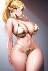 ai_generated bikini blonde_hair blue_eyes curvy curvy_figure gigantic_breasts gold_bikini huge_ass huge_breasts huge_hips looking_at_viewer nai_diffusion ponytail princess_zelda seductive_smile shiny_bikini shiny_clothes shiny_hair shiny_skin stable_diffusion the_legend_of_zelda thick_thighs tight_clothing voluptuous wide_hips