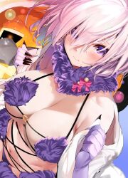 1girls bikini blush breasts embarrassed fate/grand_order fate_(series) female fur_bikini hair_over_one_eye halloween hi_res hips huge_breasts light-skinned_female light_skin marushin_(denwa0214) mash_kyrielight mash_kyrielight_(dangerous_beast) pink_hair purple_eyes short_hair slim_waist tail tail_accessory thick_thighs thighhighs thighs wide_hips wolf_costume