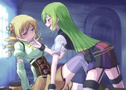 2girls alina_gray ass big_breasts blonde_hair drill_hair female female_focus female_only green_eyes green_hair human large_breasts magia_record:_mahou_shoujo_madoka_magica_gaiden mahou_shoujo_madoka_magica mami_tomoe not_furry open_mouth pervert puella_magi_madoka_magica smile tomoe_mami touyu_(yuruyuruto) very_long_hair white_skin yellow_eyes young younger_female yuri