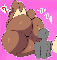 . ? anthro arthurclaws ass big_ass big_breasts black_sclera breasts brown_body brown_fur bubble_butt female fur furry huge_ass lagomorph leporid long_ears looking_back lopunny nintendo pink_background pink_eyes pokémon_(species) pokemon pokemon_(species) rabbit rabbit_ears rabbit_tail simple_background tagme tail