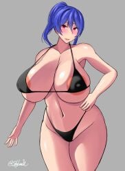 1girls big_breasts bikini black_bikini blue_hair breasts busty curvaceous curvy curvy_body curvy_female curvy_figure female huge_breasts large_breasts original original_character ponytail red_eyes skyloveit voluptuous