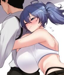 1boy 1girls 2022 absurd_res ahoge belt black_hair blue_eyes blue_hair blush breast_press breasts clothed clothing eyebrows_visible_through_hair faceless_male female female_focus flying_sweatdrops gigantic_breasts hair_between_eyes half-closed_eyes highres hug hug_from_behind huge_breasts hugging hugging_from_behind leaning_forward light-skinned_female light-skinned_male light_skin male midriff one_eye_closed original pants ricochet-gou rikosyegosub shirt short_hair sideboob simple_background sports_bra standing sweat sweatdrop thong tied_hair twintails whale_tail