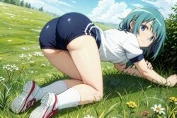 ai_generated ass ass_up blue_eyes blue_hair doggy_style female from_behind looking_back magia_record:_mahou_shoujo_madoka_magica_gaiden mahou_shoujo_madoka_magica miki_sayaka puella_magi_madoka_magica solo solo_female sport_shorts thick_ass thighs viewed_from_behind white_socks