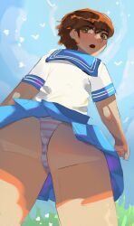 1boy 2d_(artwork) albertsstuff ass ass_focus brown_hair bubble_butt crossdressing crossdressing_male eyebrows_visible_through_hair femboy male male_only open_mouth panties pantyshot public school_uniform schoolgirl_uniform skirt sky solo tagme upskirt youtube youtuber