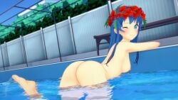 1girls 3d alternate_costume ass barefoot blue_eyes blue_hair breasts completely_nude completely_nude_female female_only fire_emblem fire_emblem:_the_binding_blade fire_emblem_heroes flower_in_hair hair_ornament jollyoldsoldier koikatsu lilina_(fire_emblem) lilina_(summer)_(fire_emblem) long_hair nintendo nude nude_female official_alternate_costume partially_submerged pool poolside pussy skinny_dipping solo swimming swimming_pool wink