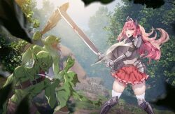 armor battle dagger female_knight goblin goblin_male jimdez pink_hair sword