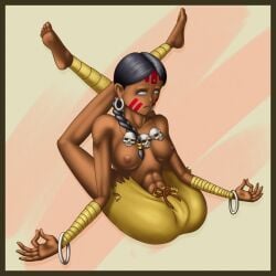 abs black_hair bracelet braid capcom dhalsim facepaint female flexible hoop_earrings indian indian_female long_hair medium_breasts necklace no_pupils otocai rule_63 shorts skull skull_necklace solo spread_legs street_fighter