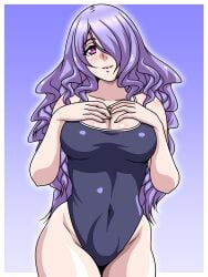 1girls alternate_costume bare_thighs blue_one-piece_swimsuit blue_swimsuit camilla_(fire_emblem) cleavage female female_only fire_emblem fire_emblem_fates hair_over_one_eye hands_on_own_chest inabakun00 long_hair looking_at_viewer nintendo one-piece_swimsuit pink_eyes purple_hair smile solo swimsuit thighs very_long_hair