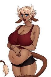 1girls artwithmoira big_breasts blue_eyes cleavage corruption_of_champions corruption_of_champions_ii cow_ears cow_girl cow_tail female female_only horns huge_breasts pregnant solo tagme