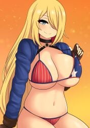 1girls absurdres american_flag american_flag_bikini american_flag_print bikini bikini_lift black_choker blonde_hair blue_eyes breasts choker cleavage closed_mouth clothes_lift cosplay cropped_jacket curvy cynthia_(pokemon) fate/grand_order fate_(series) female fingerless_gloves flag_print gloves hair_over_one_eye highres huge_breasts long_hair long_sleeves looking_at_viewer miyamoto_musashi_(fate) miyamoto_musashi_(swimsuit_berserker)_(fate) miyamoto_musashi_(swimsuit_berserker)_(fate)_(cosplay) miyamoto_musashi_(swimsuit_berserker)_(second_ascension)_(fate) navel pokemon pokemon_(game) pokemon_dppt sitting skindentation smile solo strap_lift swimsuit the_only_shoe very_long_hair