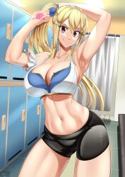 1girls abs alternate_hairstyle armpits arms_up blonde_hair booty_shorts breasts brown_eyes castell cleavage commission commission_art fairy_tail female fit fit_female hi_res huge_breasts indoors light-skinned_female light_skin locker_room long_hair lucy_heartfilia short_shorts shorts side_ponytail sleeveless smile sports_bra sportswear toned toned_female