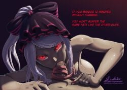 big_penis blowjob doktor_malefic female glowing glowing_eyes hips long_tongue looking_at_viewer male nail_polish nails overlord_(maruyama) pale_skin penis ponytail pov pov_eye_contact red_eyes shalltear_bloodfallen small_breasts tongue_wrap vampire white_hair