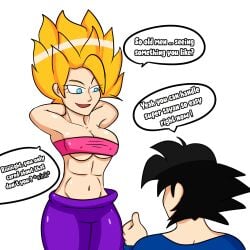 breasts caulifla dragon_ball dragon_ball_super english_text female_saiyan nipple_bulge saiyan son_goku soulyagami64 super_saiyan universe_6/universe_7 universe_6_saiyan/universe_7_saiyan unseen_male_face