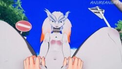 . 3d 3d_(artwork) blue_eyes dragon dragon_girl huge_breasts legendary_pokémon pokémon_(species) pokemon reshiram white_fur white_hair