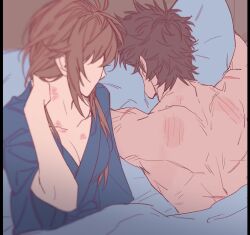 1boy 1girls 8wang2 after_sex back_muscles brown_hair cleavage female gintama hickey hickey_marks in_bed kimono long_hair looking_at_another male messy_hair morning_after muscular_male mutsu_(gintama) on_bed on_stomach sakamoto_tatsuma scars scratches sitting topless_male