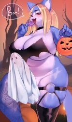 anthro big_breasts blush breasts clothed clothing erection erection_under_clothing food fruit fur futanari gynomorph hair halloween hi_res holidays intersex looking_at_viewer mammal morokko plant pumpkin solo