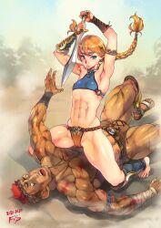 abs blonde_hair f.s. female_warrior gladiator muscular_male sword