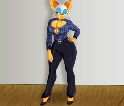 big_breasts button_gap formal_clothes formal_wear furry hand_on_hip high_heels huge_breasts nap´sart pouting rouge_the_bat sonic_(series) sonic_the_hedgehog_(series) wide_hips