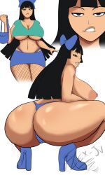 1girls asian biting_own_lip black_hair brown_eyes disney disney_channel disney_xd fishnet_legwear fishnets flex-jv high_heels huge_breasts nipples phineas_and_ferb ribbon skirt squatting stacy_hirano textless thong watermark white_background