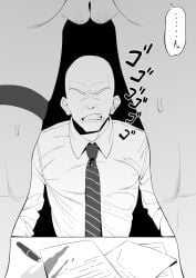 ... 1boy absurdres bald blue_archive cleft_of_venus clenched_teeth cyjalway faceless faceless_male female greyscale highres monochrome mutsuki_(blue_archive) necktie pen pussy sensei_(blue_archive) shirt speech_bubble spill spoken_ellipsis teeth thigh_strap view_between_legs