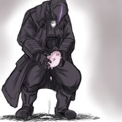 1boy alternate_version_available ambiguous_penetration bondrewd crouching cum cum_drip cum_inside feral from_behind full_body fully_clothed helmet human_on_feral living_sex_toy made_in_abyss mask masked masked_male meinya rape size_difference squatting standing tjiro zoophilia