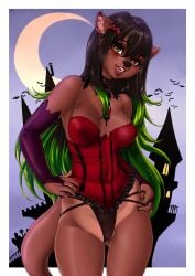 absurd_res amber_eyes anthro arm_warmers armwear bat_wings clothing corset fangs female green_hair hair hi_res jewelry jojo218 lingerie lutrine mammal membrane_(anatomy) membranous_wings mustelid necklace osha_pawstar seductive solo thong topwear underwear wings