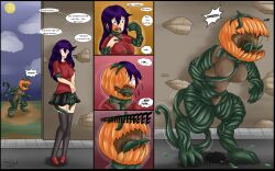 body_modification corruption female halloween identity_death large_breasts monsterification plant_girl plant_humanoid plant_monster plant_transformation pumpkin pumpkin_head skin_color_change transformation transformation_sequence witchfiend