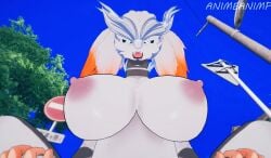 . 3d 3d_(artwork) blue_eyes dragon dragon_girl female_dragon female_pokemon huge_breasts legendary_pokémon pokémon_(species) pokemon reshiram white_fur white_hair