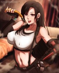 1girls bare_shoulders black_hair blurry_background breasts eating final_fantasy final_fantasy_vii gloves highres huge_breasts italian_senate_hack long_hair looking_at_viewer meme midriff navel nipple_bulge pizza rakara11 red_eyes skirt sleeveless solo standing steam sweat tifa_lockhart tongue tongue_out